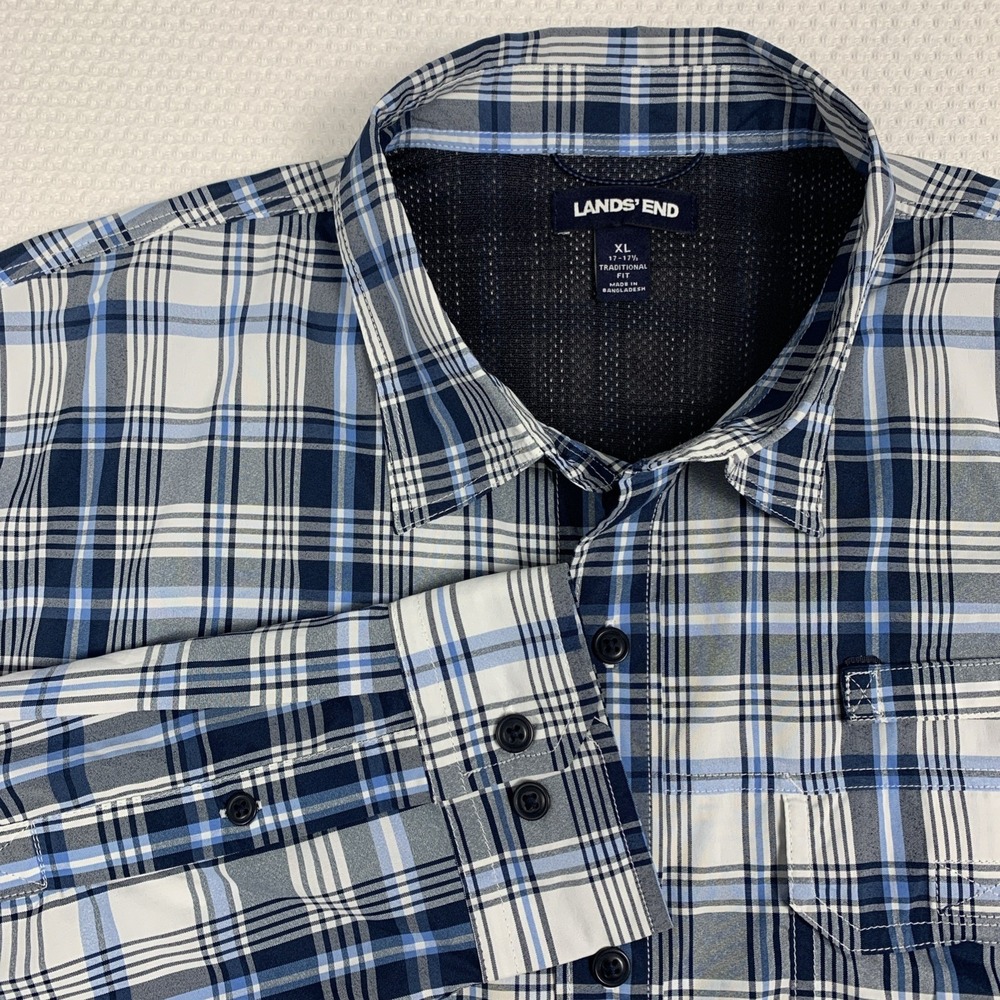 Lands’ End Plaid Shirt Men’s XL Blue Long Sleeve Button Up Hiking Casual